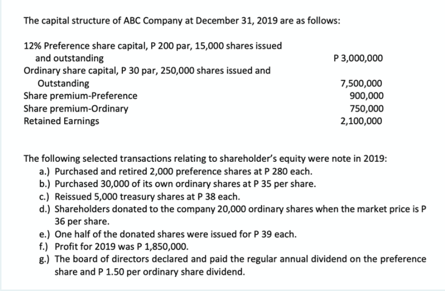 The capital structure of ABC Company at December 31, 2019 are as follows:
12% Preference share capital, P 200 par, 15,000 shares issued
and outstanding
Ordinary share capital, P 30 par, 250,000 shares issued and
Outstanding
Share premium-Preference
Share premium-Ordinary
Retained Earnings
P 3,000,000
7,500,000
900,000
750,000
2,100,000
The following selected transactions relating to shareholder's equity were note in 2019:
a.) Purchased and retired 2,000 preference shares at P 280 each.
b.) Purchased 30,000 of its own ordinary shares at P 35 per share.
c.) Reissued 5,000 treasury shares at P 38 each.
d.) Shareholders donated to the company 20,000 ordinary shares when the market price is P
36 per share.
e.) One half of the donated shares were issued for P 39 each.
f.) Profit for 2019 was P 1,850,000.
g.) The board of directors declared and paid the regular annual dividend on the preference
share and P 1.50 per ordinary share dividend.
