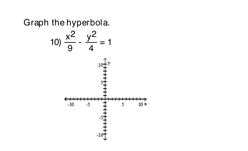 Graph the hyperbola.
x2 y2
10)
9.
1
-10
-5
10 x
***
