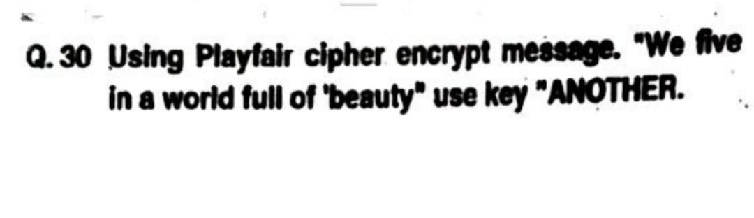Q.30 Using Playfair cipher encrypt message. "We five
in a world full of 'beauty" use key "ANOTHER.
