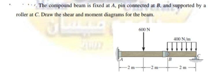 . The compound beam is fixed at A, pin connected at B, and supported by a
roller at C. Draw the shear and moment diagrams for the beam.
600 N
400 N/m
B
-2 m-
-2 m-
2 m

