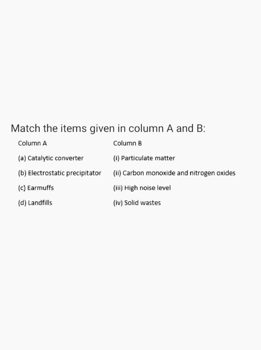 Match the items given in column A and B:
Column A
Column B
(a) Catalytic converter
(i) Particulate matter
(b) Electrostatic precipitator
(ii) Carbon monoxide and nitrogen oxides
(c) Earmuffs
(iii) High noise level
(d) Landfills
(iv) Solid wastes
