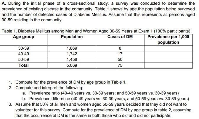 A. During the initial phase of a cross-sectional study, a survey was conducted to determine the
prevalence of existing disease in the community. Table 1 shows by age the population being surveyed
and the number of detected cases of Diabetes Mellitus. Assume that this represents all persons aged
30-59 residing in the community.
Table 1. Diabetes Mellitus among Men and Women Aged 30-59 Years at Exam 1 (100% participants)
Age group
Population
Cases of DM
Prevalence per 1,000
population
30-39
40-49
50-59
Total
1,869
1,742
1,458
5,069
8
17
50
75
1.
Compute for the prevalence of DM by age group in Table 1.
2. Compute and interpret the following:
a. Prevalence ratio (40-49 years vs. 30-39 years; and 50-59 years vs. 30-39 years)
b. Prevalence difference (40-49 years vs. 30-39 years; and 50-59 years vs. 30-39 years)
3. Assume that 50% of all men and women aged 50-59 years decided that they did not want to
volunteer for this survey. Compute for the prevalence of DM by age group in table 2, assuming
that the occurrence of DM is the same in both those who did and did not participate.