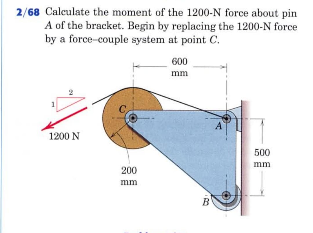 2/68 Calculate the moment of the 1200-N force about pin
A of the bracket. Begin by replacing the 1200-N force
by a force-couple system at point C.
600
mm
2
A
1200 N
500
mm
200
mm
В
