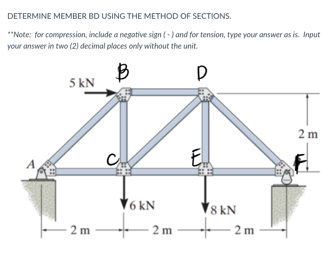 DETERMINE MEMBER BD USING THE METHOD OF SECTIONS.
**Note: for compression, include a negative sign ((- ) and for tension, type your answer as is. Input
your answer in two (2) decimal places only without the unit.
5 kN
2 m
E.
A
(6 kN
▼8 kN
2 m
2 m
2 m
