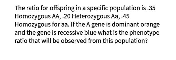 The ratio for offspring in a specific population is .35
Homozygous AA, .20 Heterozygous Aa, .45
Homozygous for aa. If the A gene is dominant orange
and the gene is recessive blue what is the phenotype
ratio that will be observed from this population?
