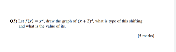 Q3) Let f(x) = x², draw the graph of (x + 2)², what is type of this shifting
and what is the value of its.
[5 marks]
