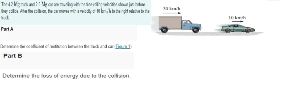 The 4.2 Mg truck and 2.0 Mg car are traveling with the free-rolling velocities shown just before
they collide. After the collision, the car moves with a velocity of 10 km/h to the right relative to the
30 km/h
truck.
10 km/h
Part A
Determine the coefficient of restitution between the truck and car.(Figure 1)
Part B
Determine the loss of energy due to the collision.
