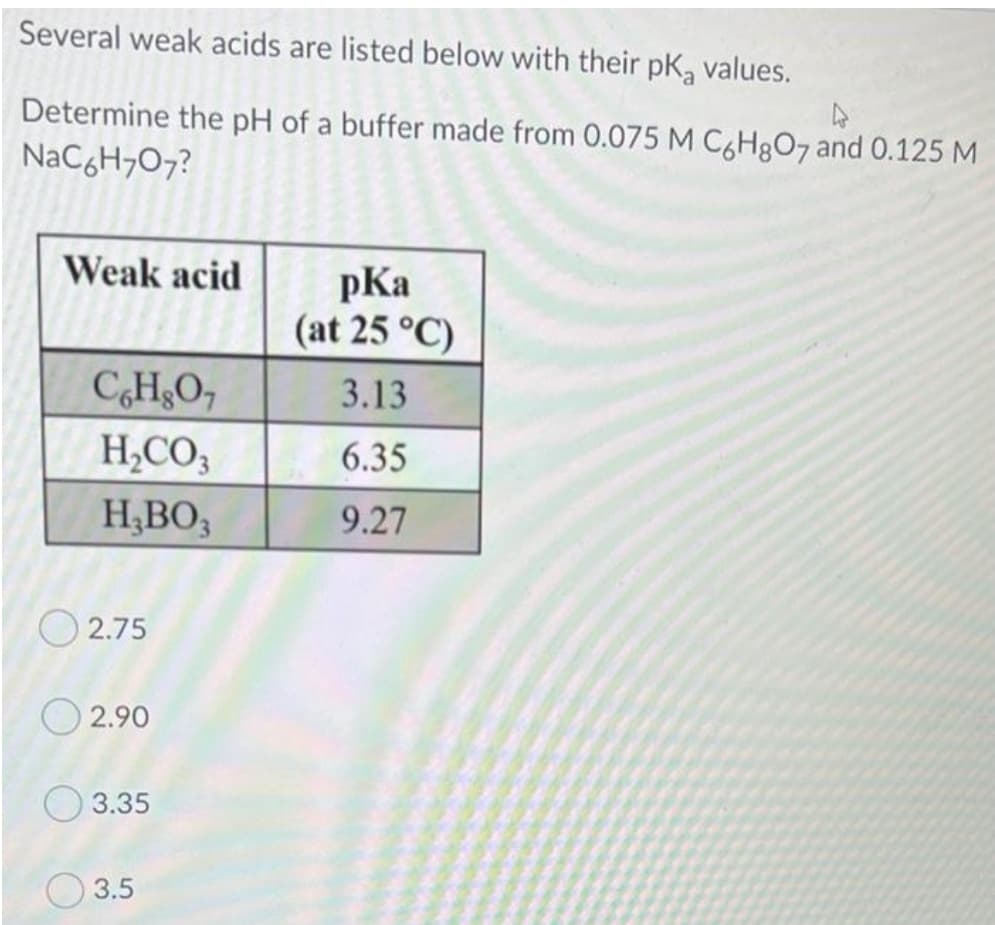 Several weak acids are listed below with their pK, values.
Determine the pH of a buffer made from 0.075 M C6H8O7 and 0.125 M
NaCgH¬O7?
Weak acid
pKa
(at 25 °C)
CH&O,
3.13
H,CO3
6.35
H,BO,
9.27
O 2.75
2.90
3.35
3.5
