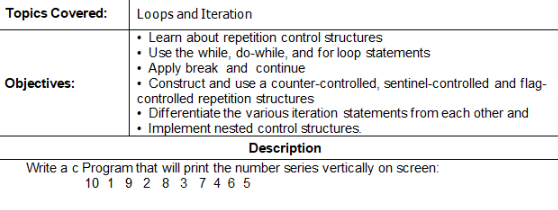 Topics Covered:
Loops and Iteration
• Learn about repetition control structures
Use the while, do-while, and for loop statements
Apply break and continue
• Construct and use a counter-controlled, sentinel-controlled and flag-
controlled repetition structures
• Differentiate the various iteration statements from each other and
Implement nested control structures.
Objectives:
Description
Write a c Program that will print the number series vertically on screen:
10 1 9 2 8 3 7 4 6 5
