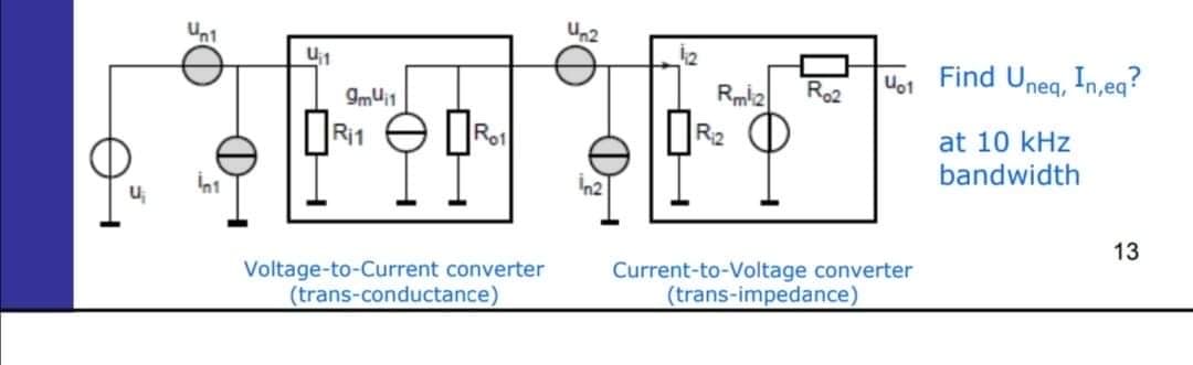 Un2
Unt
12
Uo1 Find Uneg, In,eq?
Ro2
U1
Rmi2
9mui1
at 10 kHz
bandwidth
Ri1
Ro1
R2
n2
u,
13
Voltage-to-Current converter
(trans-conductance)
Current-to-Voltage converter
(trans-impedance)
