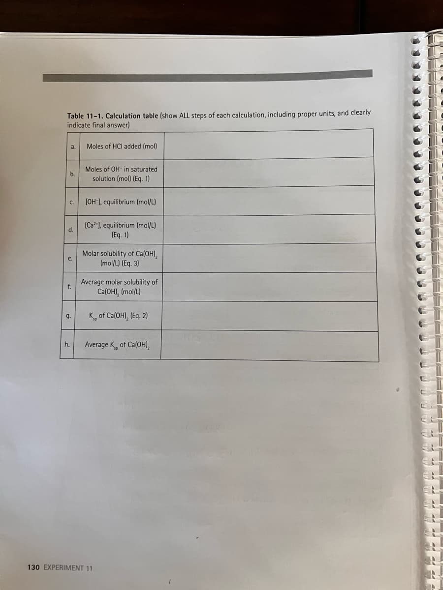 Table 11-1. Calculation table (show ALL steps of each calculation, including proper units, and clearly
indicate final answer)
a.
b.
C.
d.
e.
f.
9.
h.
Moles of HCI added (mol)
Moles of OH- in saturated
solution (mol) (Eq. 1)
[OH-], equilibrium (mol/L)
[Ca2+], equilibrium (mol/L)
(Eq. 1)
Molar solubility of Ca(OH)₂
(mol/L) (Eq. 3)
Average molar solubility of
Ca(OH)₂ (mol/L)
Kp of Ca(OH)₂ (Eq. 2)
Average K of Ca(OH)₂
130 EXPERIMENT 11