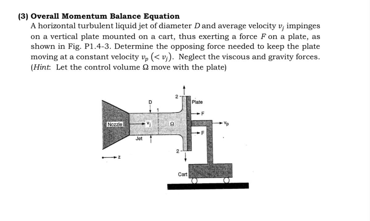 (3) Overall Momentum Balance Equation
A horizontal turbulent liquid jet of diameter D and average velocity v; impinges
on a vertical plate mounted on a cart, thus exerting a force F on a plate, as
shown in Fig. P1.4-3. Determine the opposing force needed to keep the plate
moving at a constant velocity v, (< v;). Neglect the viscous and gravity forces.
(Hint: Let the control volume Q move with the plate)
2
Plate
F
Nozzle
Vp
Jet
Cart
