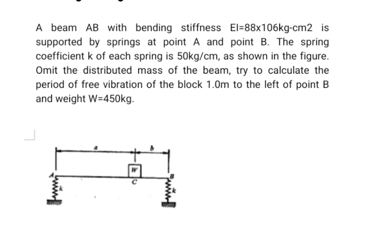 A beam AB with bending stiffness El=88x106kg-cm2 is
supported by springs at point A and point B. The spring
coefficient k of each spring is 50kg/cm, as shown in the figure.
Omit the distributed mass of the beam, try to calculate the
period of free vibration of the block 1.0m to the left of point B
and weight W=450kg.
