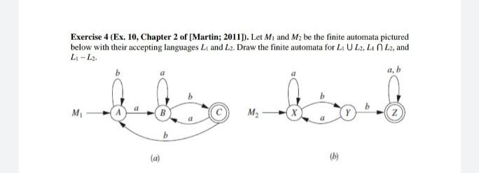 Exercise 4 (Ex. 10, Chapter 2 of (Martin; 2011). Let Mi and M2 be the finite automata pictured
below with their accepting languages Li and L2. Draw the finite automata for Li U L2, Lı n L2, and
L - L2.
a, b
B
M2
(a)
(b)
