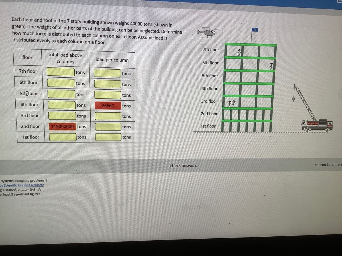 Each floor and roof of the 7 story building shown weighs 40000 tons (shown in
green). The weight of all other parts of the building can be be neglected. Determine
how much force is distributed to each column on each floor. Assume load is
distributed evenly to each column on a floor.
7th floor
total load above
floor
columns
load per column
6th floor
7th floor
tons
tons
5th floor
6th floor
tons
tons
4th floor
5th floor
tons
tons
3rd floor
4th floor
tons
26667
tons
2nd floor
3rd floor
tons
tons
BARNHART
2nd floor
119000000 tons
tons
1st floor
1 st floor
tons
tons
check answers
cannot be deterr
E systems, complete problems 1
os Scientific Online Calculator
g = 10m/s2, vsound = 343m/s
at least 3 significant figures
%3D
