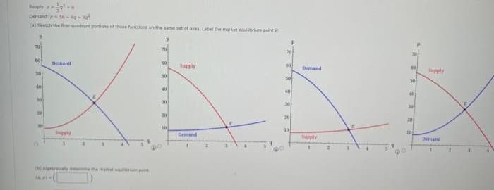 Supply:
Demand: p-56-60-3²
(a) Sketch the Best quadrant portions of those functions on the same set of axes, Label the market equilibrium point E
P
70
60
30
40
101
O
Demand
Supply
() Algebry determine de market,
70
60
30
40
30
20
10
Supply
Demand
20
[09
50
00
40
301
20
d
10
Demand
Sapply
@8
70
50 supply
50
401
30
20
10
Demand
2