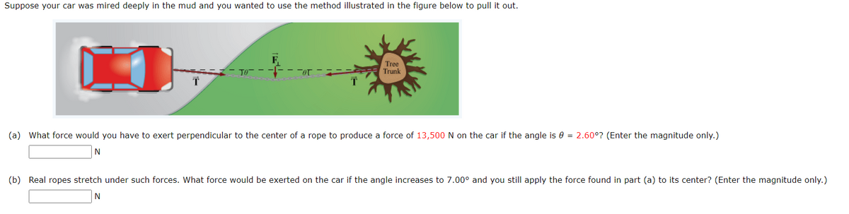 Suppose your car was mired deeply in the mud and you wanted to use the method illustrated in the figure below to pull it out.
то-
- от
T
Tree
Trunk
(a) What force would you have to exert perpendicular to the center of a rope to produce a force of 13,500 N on the car if the angle is 0 = 2.60°? (Enter the magnitude only.)
N
(b) Real ropes stretch under such forces. What force would be exerted on the car if the angle increases to 7.00° and you still apply the force found in part (a) to its center? (Enter the magnitude only.)
N