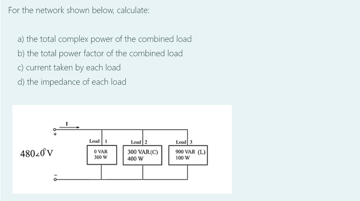 For the network shown below, calculate:
a) the total complex power of the combined load
b) the total power factor of the combined load
c) current taken by each load
d) the impedance of each load
Load
Load 2
Load 3
480-0V
O VAR
300 W
300 VAR(C)
900 VAR (L)
100 W
400 W
