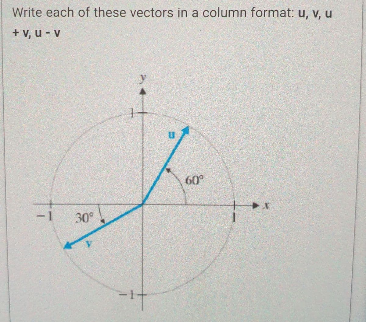 Write each of these vectors in a column format: u, v, u
+ V₁ U - V
<-1 30°
y
-17
60°