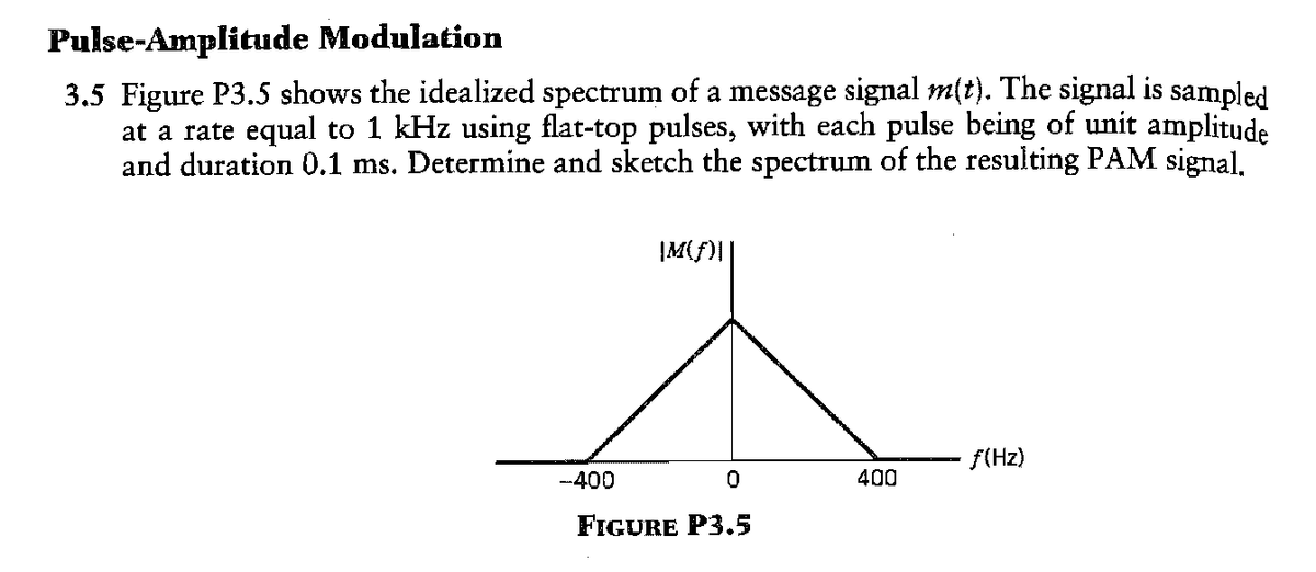 Pulse-Amplitude Modulation
3.5 Figure P3.5 shows the idealized spectrum of a message signal m(t). The signal is sampled
at a rate equal to 1 kHz using flat-top pulses, with each pulse being of unit amplitude
and duration 0.1 ms. Determine and sketch the spectrum of the resulting PAM signal.
IM{f)|
f(Hz)
--400
400
FIGURE P3.5
