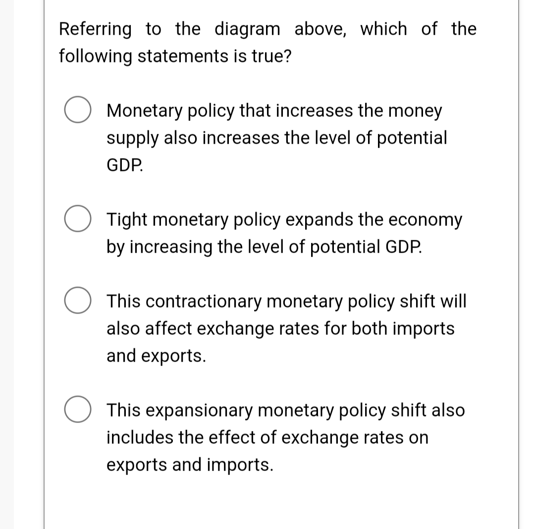 Referring to the diagram above, which of the
following statements is true?
Monetary policy that increases the money
supply also increases the level of potential
GDP.
Tight monetary policy expands the economy
by increasing the level of potential GDP.
This contractionary monetary policy shift will
also affect exchange rates for both imports
and exports.
This expansionary monetary policy shift also
includes the effect of exchange rates on
exports and imports.