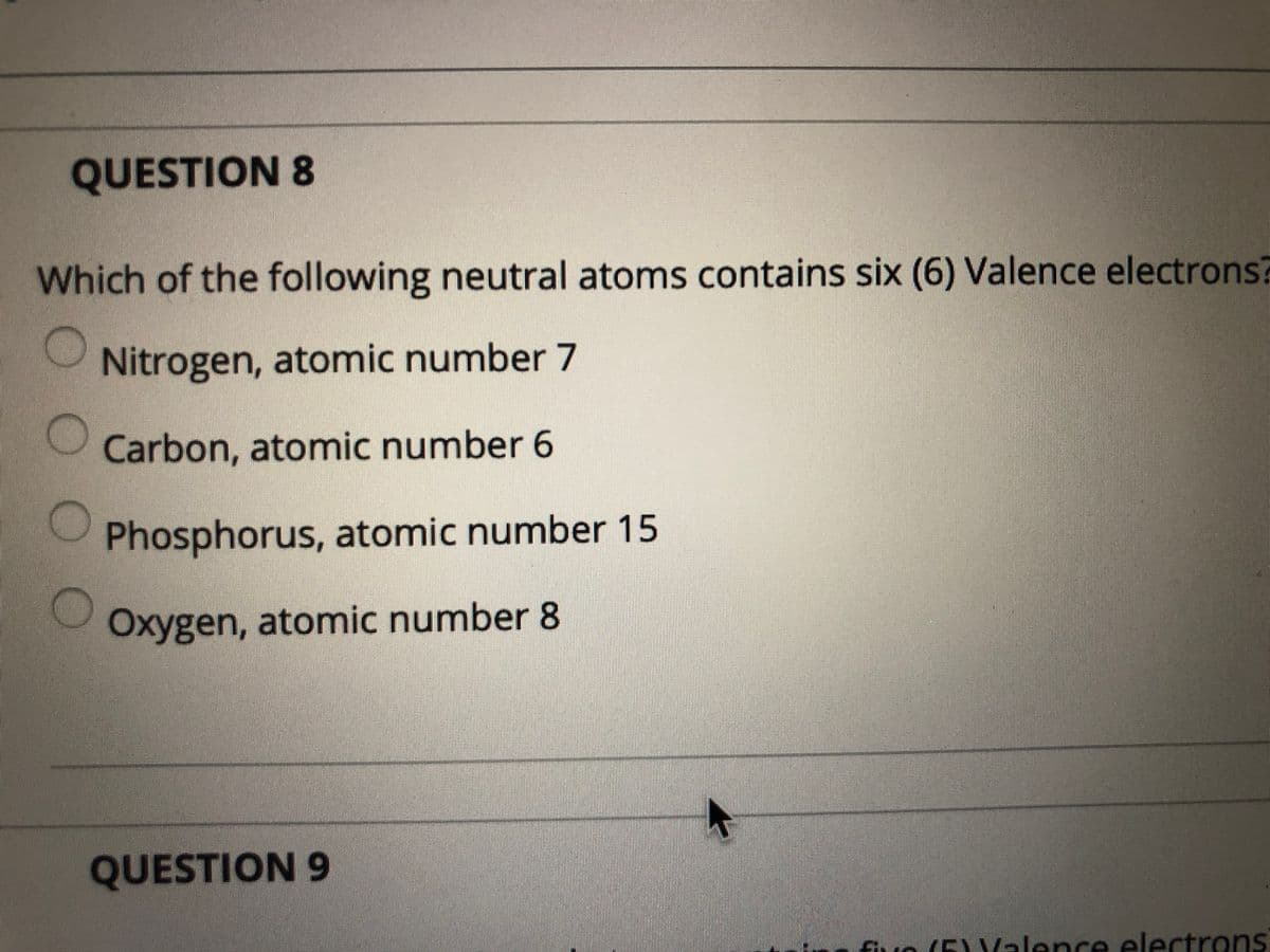QUESTION 8
Which of the following neutral atoms contains six (6) Valence electrons?
Nitrogen, atomic number 7
Carbon, atomic number 6
Phosphorus, atomic number 15
Oxygen, atomic number 8
QUESTION 9
fivo (E
Yalence electrons)
