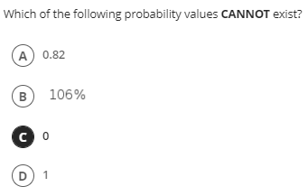 Which of the following probability values CANNOT exist?
A 0.82
B
106%
D) 1
