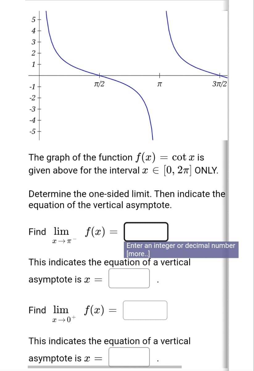 5
4
3
2
1
T1/2
Зл/2
-1
-2
-3
-4
-5
The graph of the function f(x) = cot x is
given above for the interval x E [0, 27] ONLY.
Determine the one-sided limit. Then indicate the
equation of the vertical asymptote.
Find lim
f(x) =
Enter an integer or decimal number
[more..]
This indicates the equation of a vertical
asymptote is x =
Find lim
f(æ) =
x →0+
This indicates the equation of a vertical
asymptote is x =
