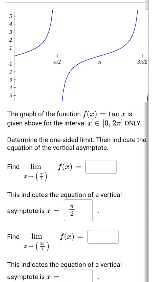 5
4
3
1
T1/2
Зл/2
-1
-2
-3
-4
-5
The graph of the function f(x)
given above for the interval x E [0, 27] ONLY.
tan x is
||
Determine the one-sided limit. Then indicate the
equation of the vertical asymptote.
f(x) =
(i)
Find
lim
This indicates the equation of a vertical
asymptote is x =
2
f(x)
(푸)
Find
lim
2
This indicates the equation of a vertical
asymptote is x =

