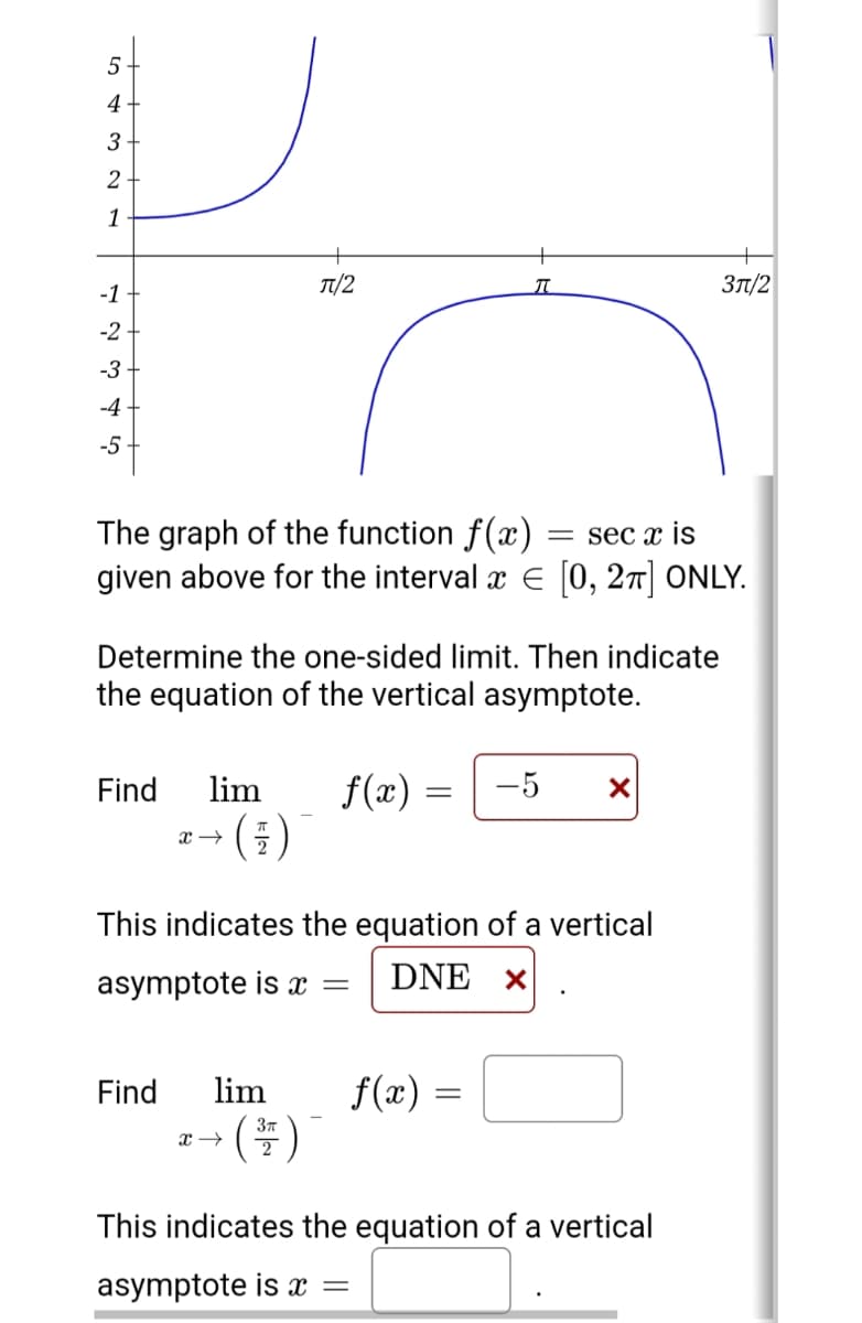 5.
4
3
2
1
T/2
3T1/2
-1
-2
-3
-4
-5
The graph of the function f(x)
given above for the interval x E [0, 27] ONLY.
= sec x is
Determine the one-sided limit. Then indicate
the equation of the vertical asymptote.
f(x) =
(;)
Find
lim
-5
This indicates the equation of a vertical
asymptote is
DNE ×
f(x)
()
Find
lim
This indicates the equation of a vertical
asymptote is x =
