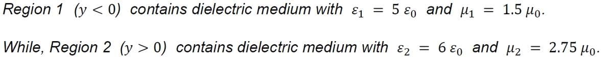 5 ɛo and µ1
1.5 μο.
Region 1 (y < 0) contains dielectric medium with &
6 ɛo and uz
= 2.75 µo.
While, Region 2 (y > 0) contains dielectric medium with ɛ2
