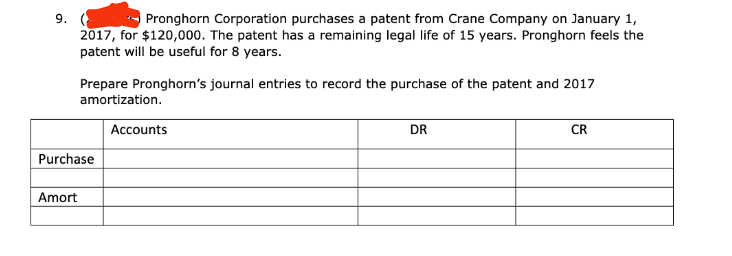 9.
Pronghorn Corporation purchases a patent from Crane Company on January 1,
2017, for $120,000. The patent has a remaining legal life of 15 years. Pronghorn feels the
patent will be useful for 8 years.
Prepare Pronghorn's journal entries to record the purchase of the patent and 2017
amortization.
Accounts
DR
CR
Purchase
Amort
