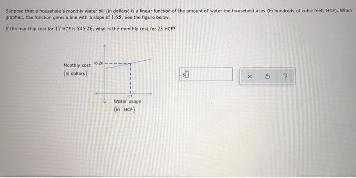 Suppose that a household's monthly water bill (in dollars) is a linear function of the amount of water the household uses (in hundreds of cubic feet, HCF). When
graphed, the function gives a line with a slope of 1.65. See the figure below.
If the monthly cost for 17 HCF is $45.26, what is the monthly cost for 23 HCF?
45.26-
Monthly cost
(in dollars)
Water usage
(in HCF)
