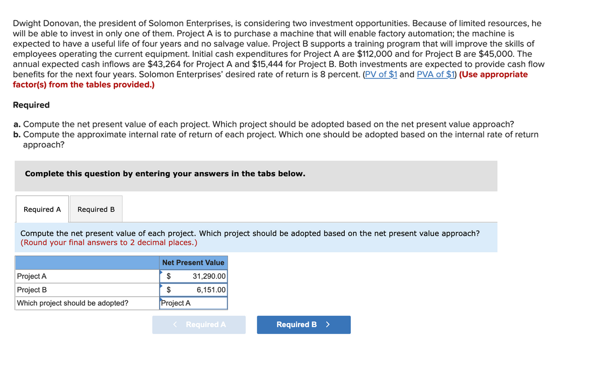 Dwight Donovan, the president of Solomon Enterprises, is considering two investment opportunities. Because of limited resources, he
will be able to invest in only one of them. Project A is to purchase a machine that will enable factory automation; the machine is
expected to have a useful life of four years and no salvage value. Project B supports a training program that will improve the skills of
employees operating the current equipment. Initial cash expenditures for Project A are $112,000 and for Project B are $45,000. The
annual expected cash inflows are $43,264 for Project A and $15,444 for Project B. Both investments are expected to provide cash flow
benefits for the next four years. Solomon Enterprises' desired rate of return is 8 percent. (PV of $1 and PVA of $1) (Use appropriate
factor(s) from the tables provided.)
Required
a. Compute the net present value of each project. Which project should be adopted based on the net present value approach?
b. Compute the approximate internal rate of return of each project. Which one should be adopted based on the internal rate of return
approach?
Complete this question by entering your answers in the tabs below.
Required A
Required B
Compute the net present value of each project. Which project should be adopted based on the net present value approach?
(Round your final answers to 2 decimal places.)
Net Present Value
Project A
$
31,290.00
Project B
$
6,151.00
Which project should be adopted?
Project A
< Required A
Required B >
