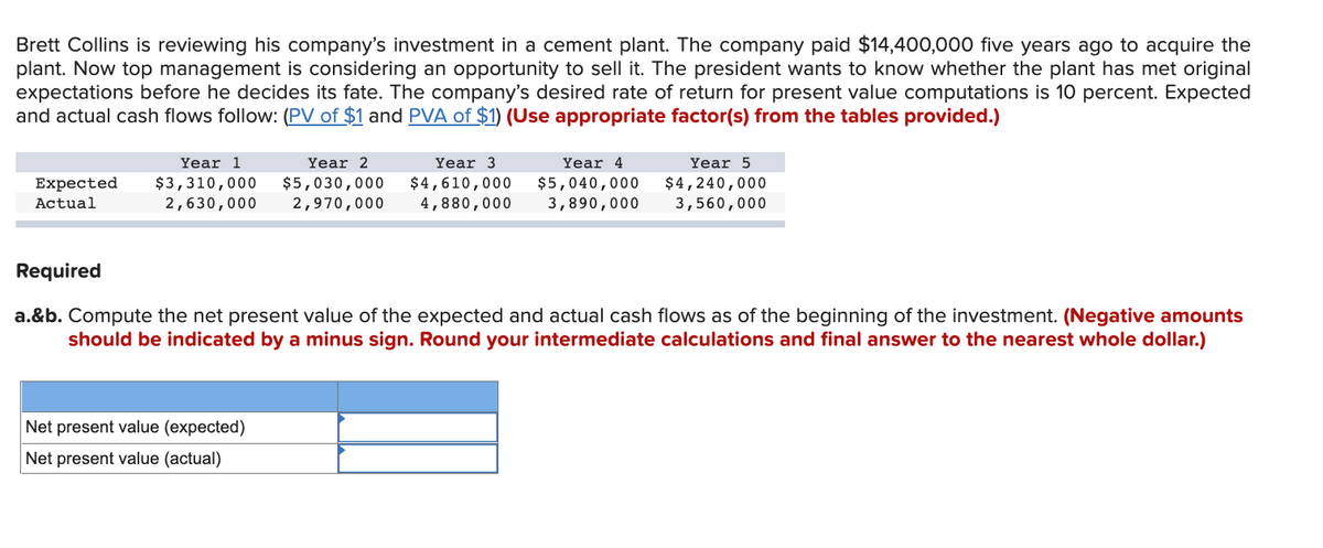 Brett Collins is reviewing his company's investment in a cement plant. The company paid $14,400,000 five years ago to acquire the
plant. Now top management is considering an opportunity to sell it. The president wants to know whether the plant has met original
expectations before he decides its fate. The company's desired rate of return for present value computations is 10 percent. Expected
and actual cash flows follow: (PV of $1 and PVA of $1) (Use appropriate factor(s) from the tables provided.)
Year 1
Year 2
Year 3
Year 4
Year 5
$3,310,000
2,630,000
$5,030,000
2,970,000
$4,610,000
4,880,000
$5,040,000
3,890,000
$4,240,000
3,560,000
Expected
Actual
Required
a.&b. Compute the net present value of the expected and actual cash flows as of the beginning of the investment. (Negative amounts
should be indicated by a minus sign. Round your intermediate calculations and final answer to the nearest whole dollar.)
Net present value (expected)
Net present value (actual)
