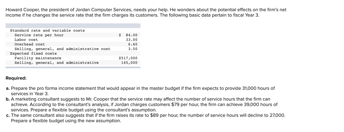 Howard Cooper, the president of Jordan Computer Services, needs your help. He wonders about the potential effects on the firm's net
income if he changes the service rate that the firm charges its customers. The following basic data pertain to fiscal Year 3.
Standard rate and variable costs
Service rate per hour
$
84.00
Labor cost
33.00
Overhead cost
6.60
Selling, general, and administrative cost
Expected fixed costs
Facility maintenance
Selling, general, and administrative
3.50
$517,000
145,000
Required:
a. Prepare the pro forma income statement that would appear in the master budget if the firm expects to provide 31,000 hours of
services in Year 3.
b. A marketing consultant suggests to Mr. Cooper that the service rate may affect the number of service hours that the firm can
achieve. According to the consultant's analysis, if Jordan charges customers $79 per hour, the firm can achieve 39,000 hours of
services. Prepare a flexible budget using the consultant's assumption.
c. The same consultant also suggests that if the firm raises its rate to $89 per hour, the number of service hours will decline to 27,000.
Prepare a flexible budget using the new assumption.
