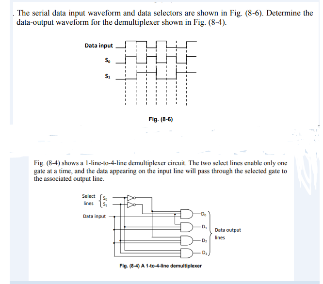 . The serial data input waveform and data selectors are shown in Fig. (8-6). Determine the
data-output waveform for the demultiplexer shown in Fig. (8-4).
Data input
So
Fig. (8-6)
Fig. (8-4) shows a 1-line-to-4-line demultiplexer circuit. The two select lines enable only one
gate at a time, and the data appearing on the input line will pass through the selected gate to
the associated output line.
Select Ss.
lines 1s.
Data input
D
Data output
lines
D2
Fig. (8-4) A 1-to-4-line demultiplexer
