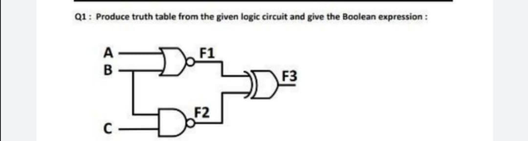 Q1: Produce truth table from the given logic circuit and give the Boolean expression:
A
В
F3
F2
