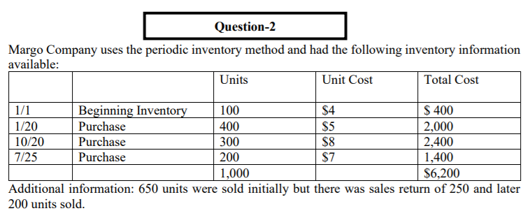 Question-2
Margo Company uses the periodic inventory method and had the following inventory information
available:
Units
Unit Cost
Total Cost
1/1
Beginning Inventory
100
$4
$ 400
1/20
Purchase
400
$5
$8
$7
2,000
2,400
1,400
$6,200
10/20
7/25
Purchase
300
Purchase
200
1,000
Additional information: 650 units were sold initially but there was sales return of 250 and later
200 units sold.
