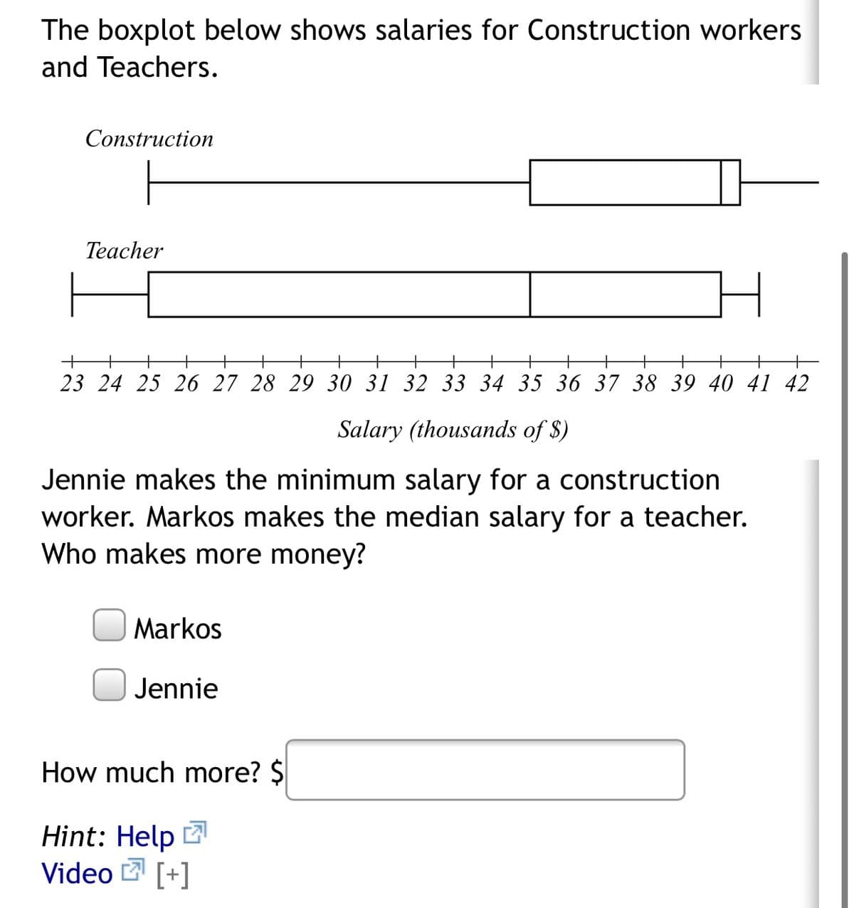 The boxplot below shows salaries for Construction workers
and Teachers.
Construction
Теacher
+
+
23 24 25 26 27 28 29 30 31 32 33 34 35 36 37 38 39 40 41 42
Salary (thousands of $)
Jennie makes the minimum salary for a construction
worker. Markos makes the median salary for a teacher.
Who makes more money?
Markos
Jennie
How much more? $
Hint: Help
Video [+]
