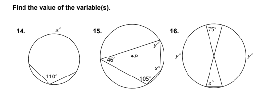 Find the value of the variable(s).
14.
15.
16.
75°
y°
46°
110°
105%
