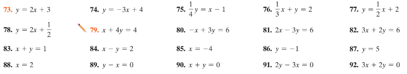 73. у 3D 2x + 3
75. y = x - 1
74. у 3 — Зх + 4
76.
+ y = 2
77. y =
-х + 2
78. у %3D 2х +
79. х + 4у 3D 4
80. —х + Зу 3 6
81. 2x — Зу 3D 6
82. Зх + 2у 3 6
83. х + у 3D 1
84. х — у %3D 2
85. х — — 4
86. у 3 —1
87. у 3 5
88. х — 2
89. у — х %3D 0
90. х + у 3 0
91. 2y - Зх %3D 0
92. Зх + 2y %3D 0
1/2
