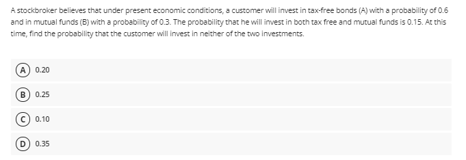 A stockbroker believes that under present economic conditions, a customer will invest in tax-free bonds (A) with a probability of 0.6
and in mutual funds (B) with a probability of 0.3. The probability that he will invest in both tax free and mutual funds is 0.15. At this
time, find the probability that the customer will invest in neither of the two investments.
A
0.20
0.25
0.10
0.35
