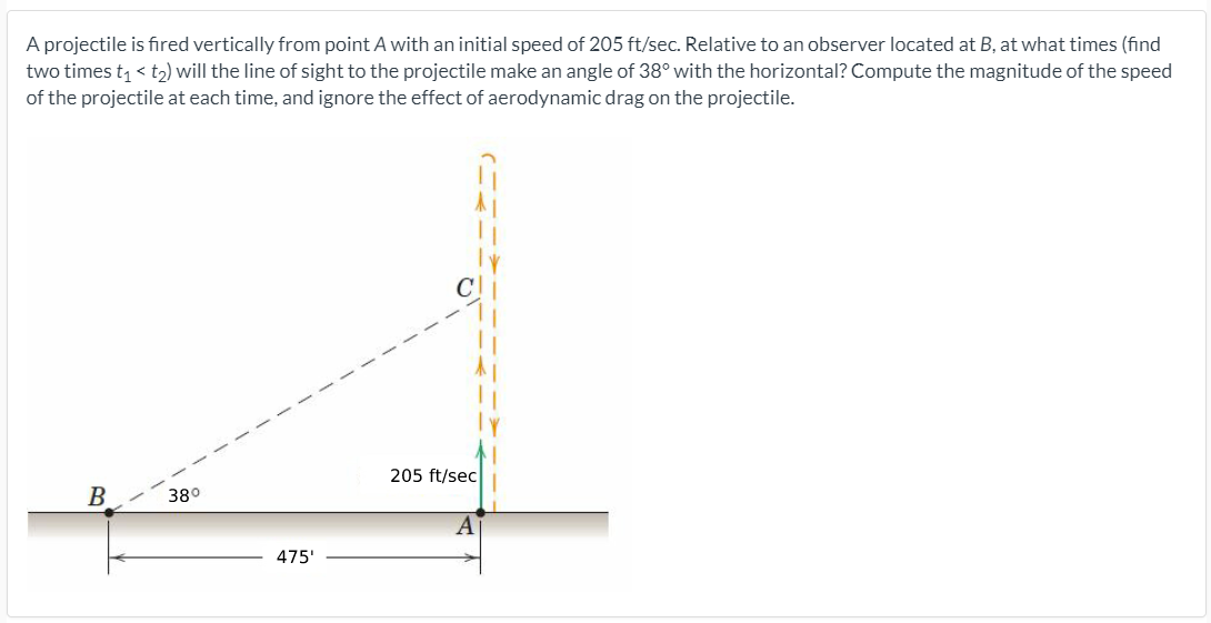 A projectile is fired vertically from point A with an initial speed of 205 ft/sec. Relative to an observer located at B, at what times (find
two times t, < t2) will the line of sight to the projectile make an angle of 38° with the horizontal? Compute the magnitude of the speed
of the projectile at each time, and ignore the effect of aerodynamic drag on the projectile.
205 ft/sec
B
380
475'
