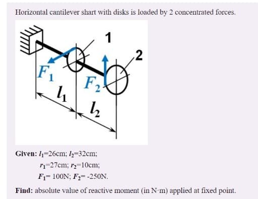 Horizontal cantilever shart with disks is loaded by 2 concentrated forces.
1
\F1
F2
Given: 1-26cm; l,-32cm;
n-27cm; r-10cm;
F1= 100N; F,= -25ON.
Find: absolute value of reactive moment (in N-m) applied at fixed point.
2.

