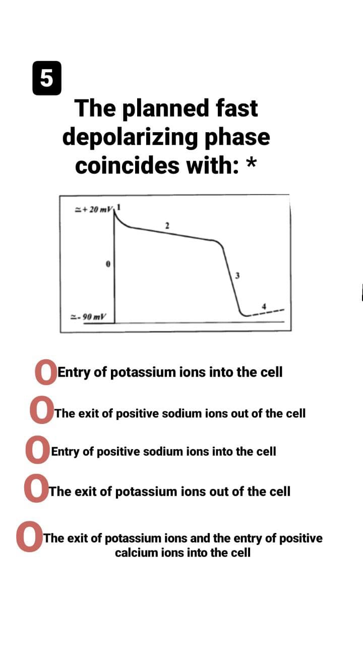 The planned fast
depolarizing phase
coincides with: *
=+ 20 mV1
2
2. 90 mV
OEntry of potassium ions into the cell
The exit of positive sodium ions out of the cell
Entry of positive sodium ions into the cell
The exit of potassium ions out of the cell
The exit of potassium ions and the entry of positive
calcium ions into the cell
5
