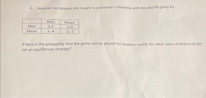 2. Suppose two players are caught in a prisoner's dilemma with the payoffs given by
Nice
Mean
Nice
2,2
-4,5
-2,-2
Mean
5,-4
If Beta is the probability that the game will be played for another round, for what value of Beta is tit-for-
tat an equilibrium strategy?
