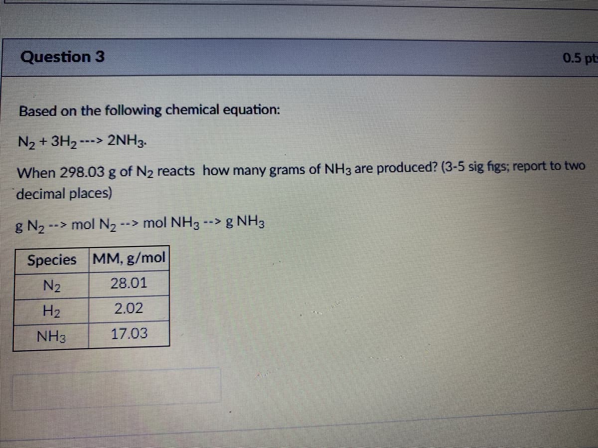 Question 3
0.5 pt
Based on the following chemical equation:
N2 +3H, ---> 2NH3.
When 298.03 g of N2 reacts how many grams of NH3 are produced? (3-5 sig figs; report to two
decimal places)
8 N2 -> mol N,
--> mol NH, --> g NH,
Species MM, g/mol
N2
28.01
H2
2.02
NH3
17.03
