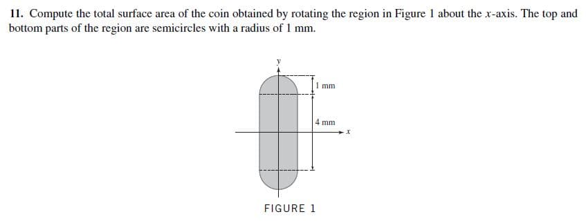 11. Compute the total surface area of the coin obtained by rotating the region in Figure 1 about the x-axis. The top and
bottom parts of the region are semicircles with a radius of 1 mm.
1 mm
4 mm
FIGURE 1
