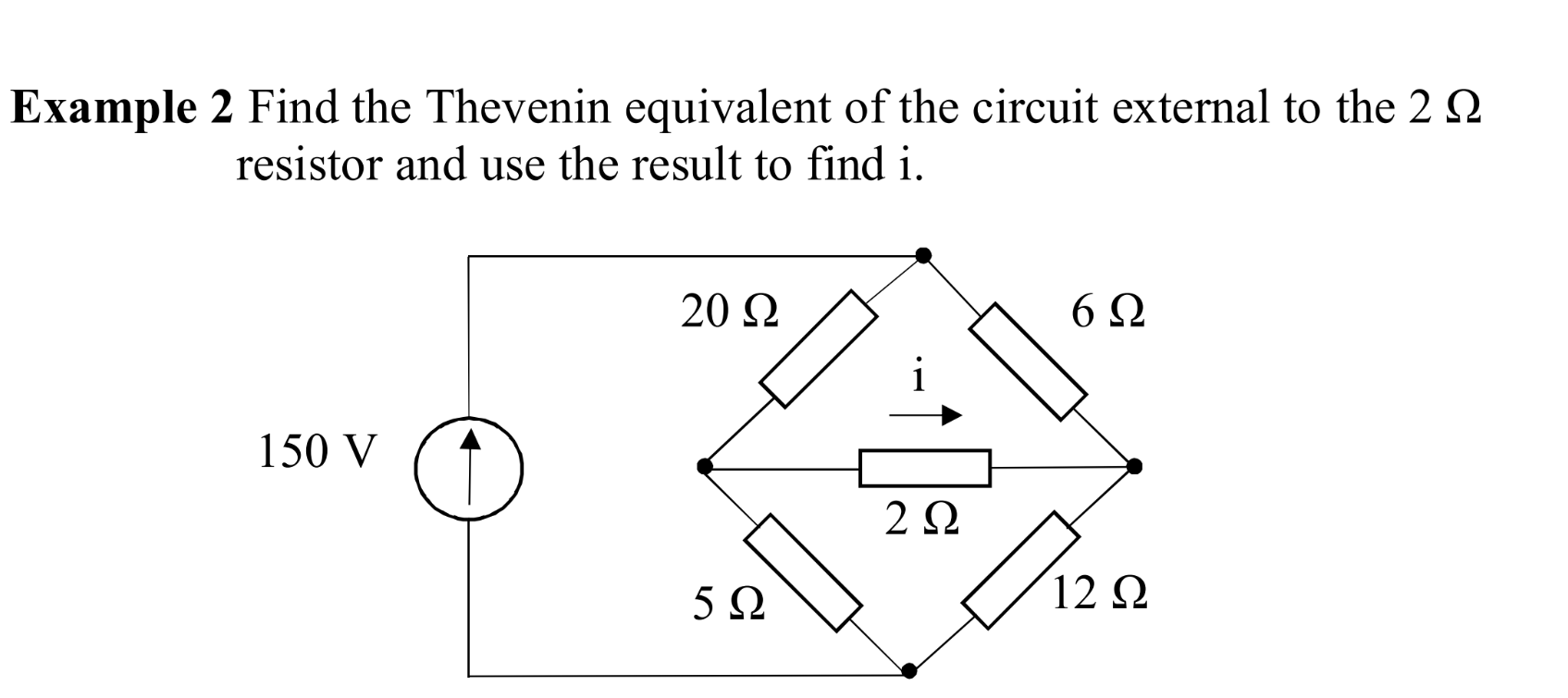 Example 2 Find the Thevenin equivalent of the circuit external to the 2 2
resistor and use the result to find i.
20 Ω
6 Ω
150 V
2Ω
12 2

